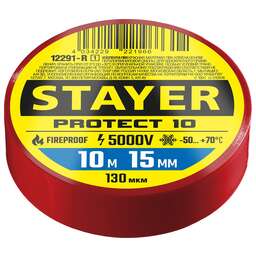 STAYER PROTECT-10, 15 мм х 10 м, 5 000 В, красная, изолента ПВХ, Professional (12292-R)
