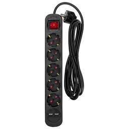 REXANT Удлинитель STANDARD 5 гнезд, 3м, 3х1,0мм², с/з, с выключателем, 2 USB, черный