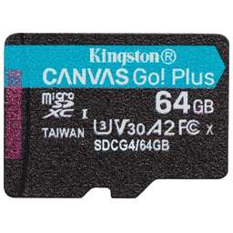 KINGSTON Карта памяти microSDXC UHS-I U3 Canvas Go Plus 64 ГБ, 200 МБ/с, Class 10, SDCG4/64GBSP, 1 шт., без адаптера