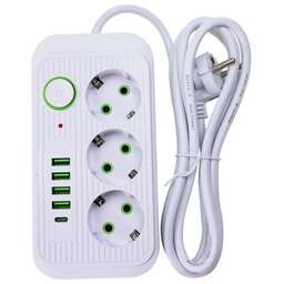 TENDENZA Сетевой фильтр с заземлением на 3 розетки, 4 USB, 1 Type-C TZ-SP002
