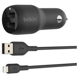 BELKIN Автомобильное зарядное устройство в прикуриватель BoostCharge 24W Dual USB-A Car Charger с USB-A-Lightning кабелем. Цвет: черный