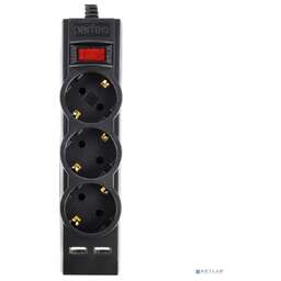 PERFEO (PF_E1639) "POWER-S", 1,8м, 3 розетки 10А, 2USB, 2500 Вт, двойная защита, черный