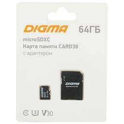 DIGMA Флеш карта microSDXC 64GB CARD30 V30 + adapter