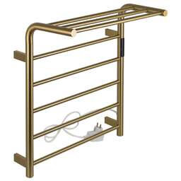 KRAFTTE - Полотенцесушитель электрический, с сенсорным управлением, с таймером до 24 часов, температура нагрева 35 - 70° С, лесенка 5 перекладин, с полкой, 530 х 620 х 295 мм, из нержавеющей стали, цвет матовое ЗОЛОТО. 44051