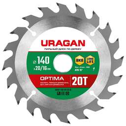 URAGAN Optima, 140 х 20/16 мм, 20Т, пильный диск по дереву (36801-140-20-20)