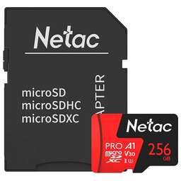 NETAC Карта памяти microSDXC UHS-I U3 P500 Extreme Pro 256 ГБ, 100 МБ/с, Class 10, NT02P500PRO-256G-R, 1 шт., переходник SD