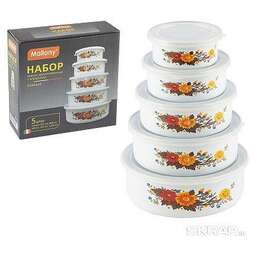 MALLONY Набор из 5 эмалированных мисок с крышками, FAMILIA, 195/340/600/850/1250 мл, цвет: белый дизайном (008764)