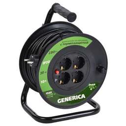 IEK Удлинитель силовой GENERICA УК30, розеток 4шт, 3x1.0 кв.мм, 10A, 30м, ПВС, катушка, черный [wkp10-10-04-30-g]