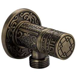 MAK 1393 Кран металлокерамика угловой 1/2"х1/2", круглая ручка, с декоративной чашкой, с орнаментом, цвет БРОНЗА
