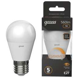 GAUSS Лампа светодиодная 105102107-D 7Вт цок.:E27 шар 220B св.свеч.бел.теп. (упак.:1шт)