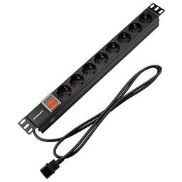 REXANT Блок распределения питания PDU горизонтальный 1U 8 розеток СЕЕ 7/4 Schuko 10A выкл алюм корп шнур 2м вилка C14 черный