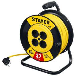 STAYER Удлинитель силовой 55070-50 2x2.5кв.мм 4розет. 50м ПВС 10A катушка желтый