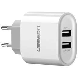 UGREEN Сетевое зарядное устройство CD104 (20384) Dual USB Wall Charger 3.4A EU с двумя портами USB. Цвет: белый