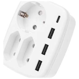 REXANT Тройник электрический 16А с/з + 2х2,5А + 3хUSB-A 2,4А + USB Type-C 3А, белый