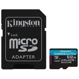 KINGSTON Карта памяти microSDXC UHS-I U3 Canvas Go Plus 512 ГБ, 170 МБ/с, Class 10, SDCG3/512GB, 1 шт., переходник SD