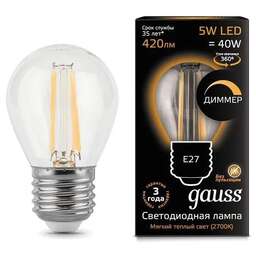 GAUSS Лампа филам. Filament 5Вт цок.:E27 шар 220B св.свеч.бел.теп. (упак.:1шт) (105802105-D)