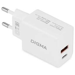 DIGMA Сетевое зарядное устройство DGW2D, 1xUSB-A +1xUSB-C, 20Вт, 3A, белый [dgw2d0f110wh]