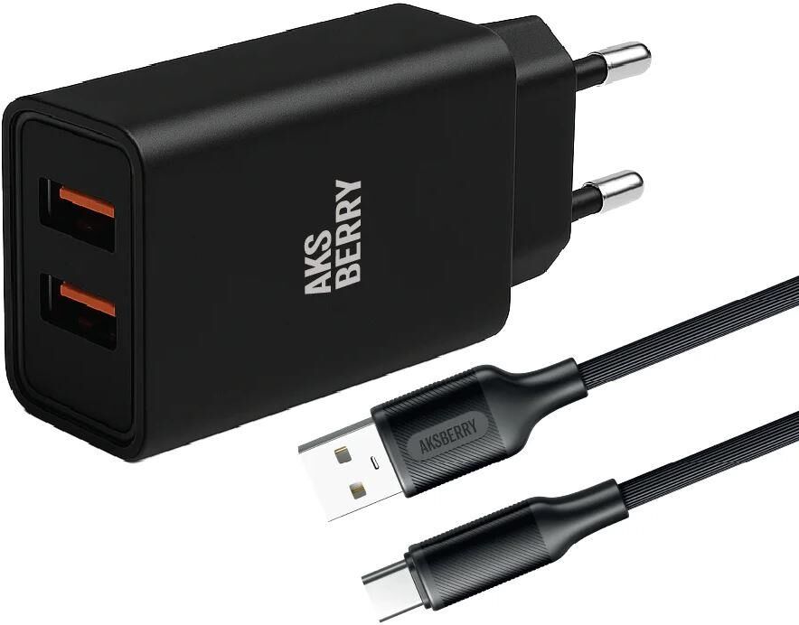 СЗУ AKSBERRY (6900209230014) T38 2 USB 2.4A + кабель Type C, черный