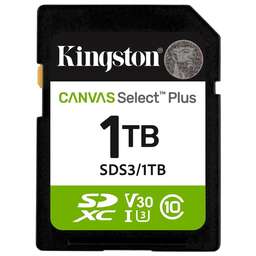 KINGSTON Карта памяти SDXC UHS-I U3 Canvas Select Plus 1024 ГБ, 150 МБ/с, Class 10, SDS3/1TB, 1 шт., без адаптера