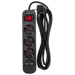 REXANT Удлинитель STANDARD 3 гнезда, 3м, 3х1,0мм², с/з, с выключателем, 2 USB, черный