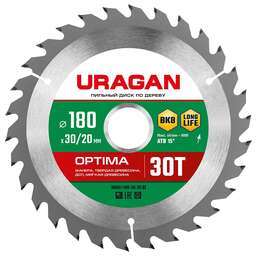 URAGAN Optima, 180 х 30/20 мм, 30Т, пильный диск по дереву (36801-180-30-30)