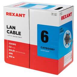 REXANT Кабель витая пара U/UTP, CAT 6, LSZH нг(А)-HF, 4PR, 23AWG, внутренний, однопроволочный, серый, 305 м