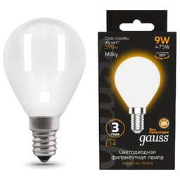 GAUSS Лампа светодиодная Filament 105201109 9Вт цок.:E14 шар 220B св.свеч.бел.теп. (упак.:10шт)