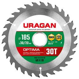 URAGAN Optima, 185 х 30/20 мм, 30Т, пильный диск по дереву (36801-185-30-30)