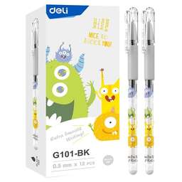 DELI Ручка гелев. EG101-BK прозрачный d=0.5мм черн. черн. карт.уп. игловидный пиш. наконечник резин. манжета
