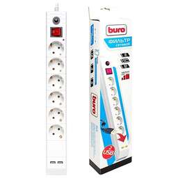 BURO BU-SP3-USB-2A-B 3м 6 розеток белый