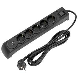 KRANZ Фильтр сетевой 5 гнезд, 3м, 3х1,5мм², с автовыкл, 2 USB, черный