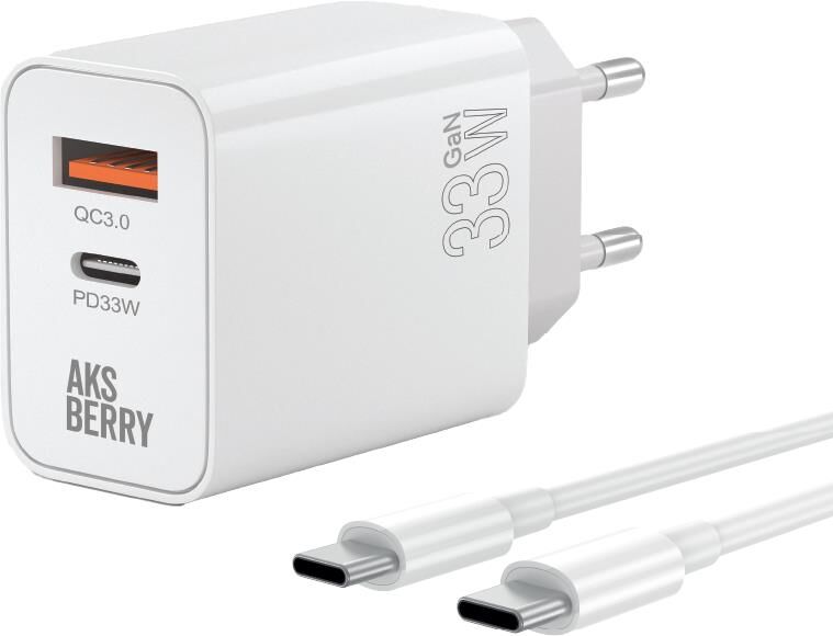 СЗУ AKSBERRY (6900286940011) T46 30W PD/QC3.0 + кабель Type c, белый