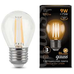 GAUSS Лампа филам. Filament 9Вт цок.:E27 шар 220B 2700K св.свеч.бел.теп. P45 (упак.:1шт) (105802109)