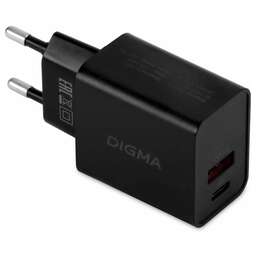 DIGMA Сетевое зарядное устройство DGW2D, 1xUSB-A +1xUSB-C, 20Вт, 3A, черный [dgw2d0f110bk]