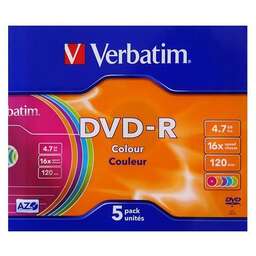 VERBATIM Оптический диск DVD-R 4.7ГБ 16x, 5шт., slim case, разноцветные [43557]