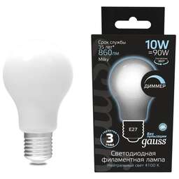 GAUSS Лампа филам. Filament A60 10Вт цок.:E27 груша 220B св.свеч.бел.нейт. (упак.:1шт) (102202210-D)