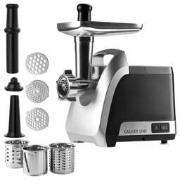 GALAXY Мясорубка электрическая LINE GL 2423, черная, 2200 Вт, 2,6 кг/мин, функция «Реверс», три диска для приготовления фарша - 3 мм, 5 мм и 7 мм, насадки для приготовления колбасок и кеббе, 3 насадки для овощерезки, металлический лоток, защита двигателя