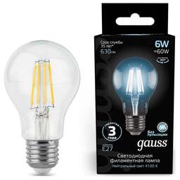 GAUSS Лампа филам. Filament A60 6Вт цок.:E27 груша 220B св.свеч.бел.нейт. (упак.:10шт) (102802206)