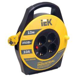 IEK Удлинитель силовой Industrial, розеток 4шт, 3x1.0 кв.мм, 10A, 10м, ПВС, катушка, желтый [wkp14-10-04-10]