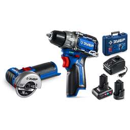 ЗУБР КОМПАКТ #5, набор: дрель-шуруповерт + мини УШМ, BRUSHLESS, 12 В, 45 Н·м, 2 АКБ тип Т7 (4 и 2 А·ч), кейс, Профессионал (DB-121-42AB)