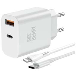 AKSBERRY (6900253200019) T43 20W PD + QC3.0 + кабель Lightning , белый