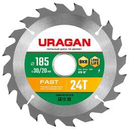 URAGAN Fast, 185 x 30/20 мм, 24Т, пильный диск по дереву (36800-185-30-24)