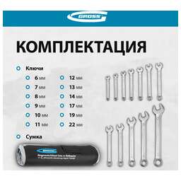 GROSS Набор ключей комбинированных 6-22 мм, 12 шт, CrV, холодный штамп 15149