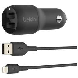 BELKIN Автомобильное зарядное устройство 2 x USB-A, 12Вт x 2, кабель Lightning 1М, черный (CCD001bt1