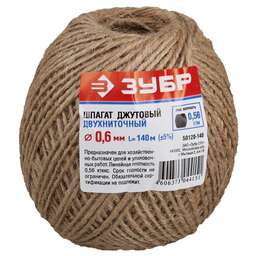ЗУБР 140 м, 2-ниточный, d 1.2 мм, 1120 ктекс, 12 кгс, джутовый шпагат (50120-140)