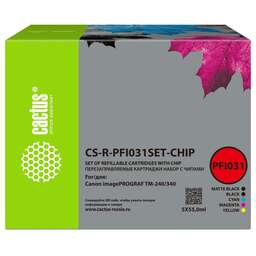 CACTUS Картридж перезаправляемый струйный CS-R-PFI031SET-CHIP черный/черный матовый/голубой/желтый/пурпурный 5шт.упак. для Canon imagePrograf TM-240/340 с чипом