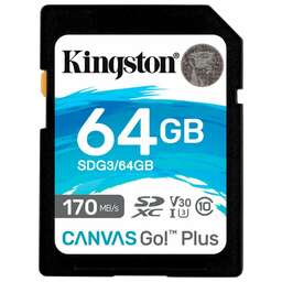 KINGSTON Карта памяти SDXC UHS-I U3 Canvas Go Plus 64 ГБ, 170 МБ/с, Class 10, SDG3/64GB, 1 шт., без адаптера