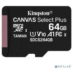 KINGSTON 64 ГБ microSDXC UHS-I Canvas Select Plus, 100X, Class 10, SDCS2/64GBSP, 1 шт., переходник без адаптера