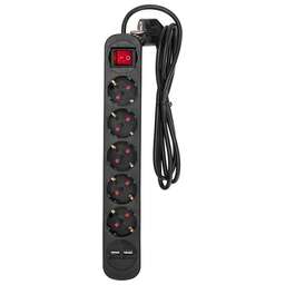 REXANT Удлинитель STANDARD 5 гнезд, 1,5м, 3х1,0мм², с/з, с выключателем, 2 USB, черный