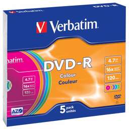 VERBATIM Диск DVD-R 4.7Gb 16x Slim case (5шт) Color (43557)